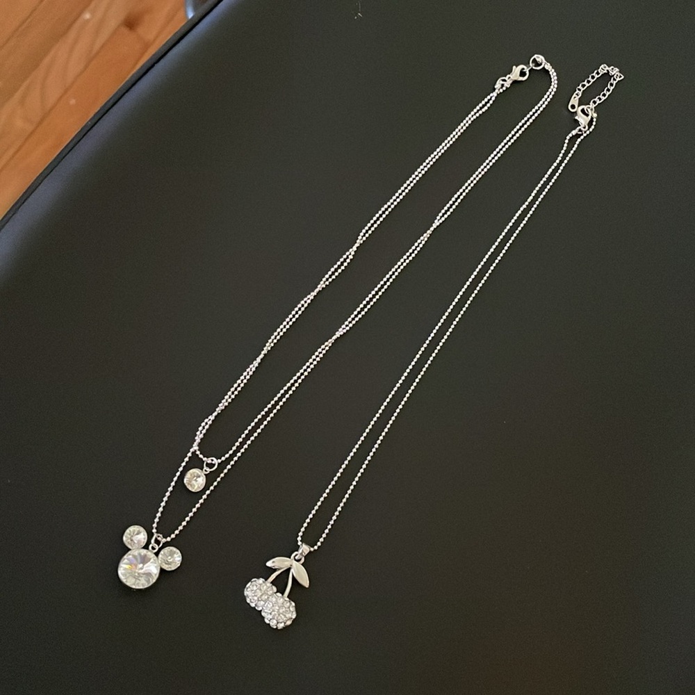 Set of Two Dainty Silver Necklaces – Mickey & Cherry Pendant Designs